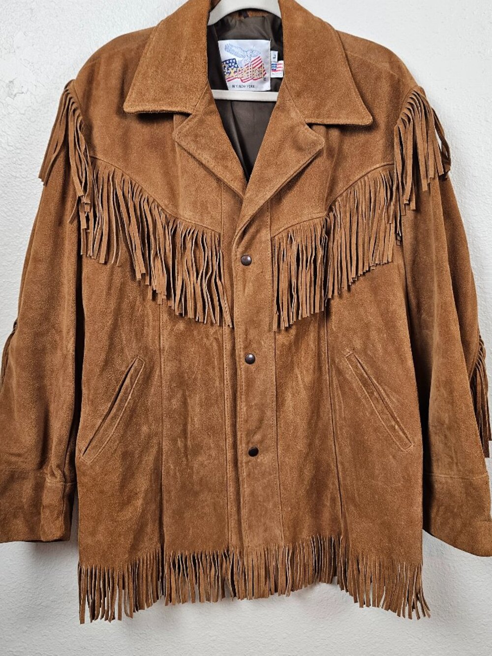 Mens western suede leather fringe button down jacket coat size large womens xl